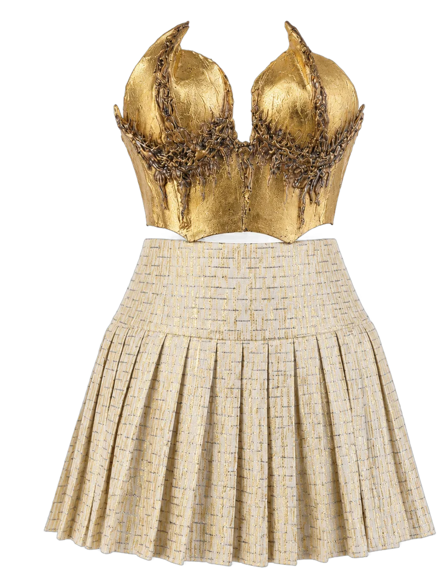 Golden Sculpture Set — gold Worbla bustier with pleated skirt